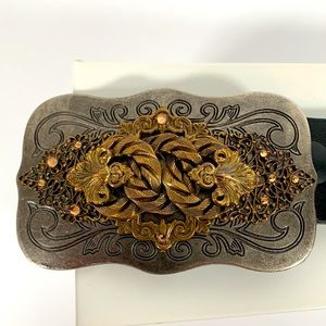 Still Vintage Black Leather 37 Inch Belt With Silver & Gold Metal Buckle